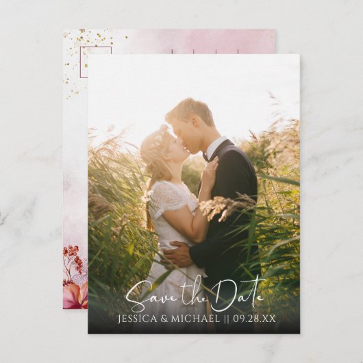 Invitation Carte Postale Marsala Rose Gold Fall Feuilles Photo Enregistrer  (Devant / Derrière)