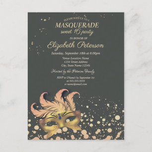Invitation Carte Postale Mascarade Chic,Points, Masque Sweet 16