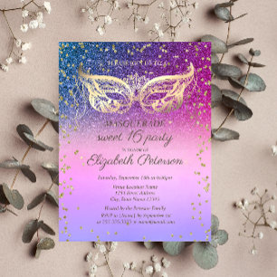 Invitation Carte Postale Mascarade Diamants Glitter Froid Douce 16 Ans