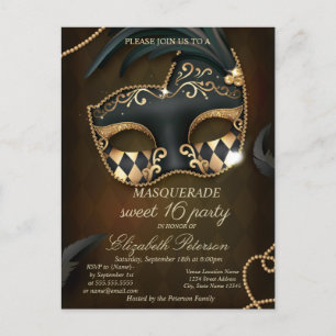 Invitation Carte Postale Mascarade élégante Sweet 16