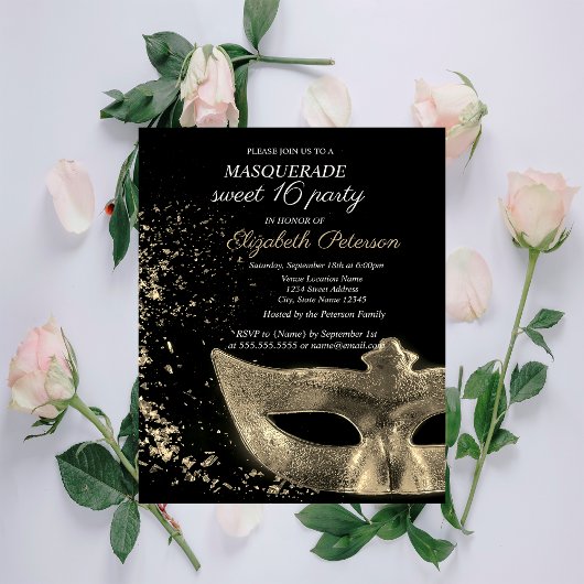 Invitation Carte Postale Mascarade Gold Masque Black Sweet 16