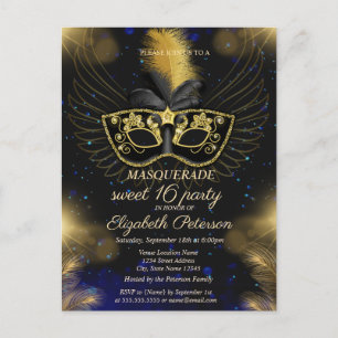 Invitation Carte Postale Mascarade Gold Shiny Sweet 16