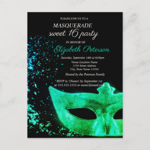 Invitation Carte Postale Mascarade Green Masque Black Sweet 16