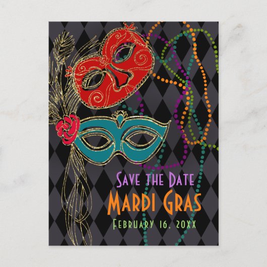 Invitation Carte Postale Mascarade Mardi Gras Mascarade Masque Arlequin Noi (Devant)