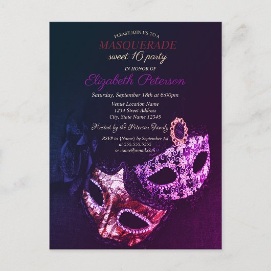 Invitation Carte Postale Mascarade noire chic, Masque Sweet 16 (Devant)