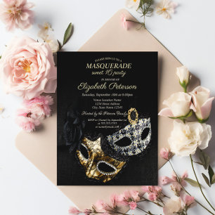 Invitation Carte Postale Mascarade Noire Élégante, Masque Sweet 16