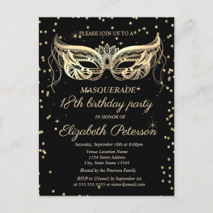 Invitation Carte Postale Mascarade Or Diamants 18ème Anniversaire