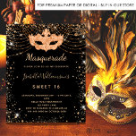 Invitation Carte Postale Mascarade or noir parties scintillant poussière Sw<br><div class="desc">Pour une Masquerade élégante, Sweet 16, 16e anniversaire. Un arrière - plan noir élégant. Décoré avec de la poussière de parties scintillant en faux or et un masque masqué. Personnalisez et ajoutez un nom, un âge et des détails de la fête. Le nom est écrit avec un script de style...</div>