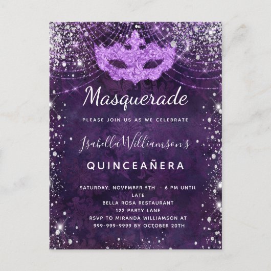 Invitation Carte Postale Mascarade violet argent parties scintillant poussi (Devant)
