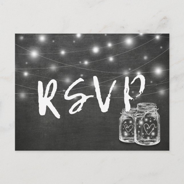 Invitation Carte Postale Mason Jar & String Lights Chalkboard Wedding RSVP (Devant)