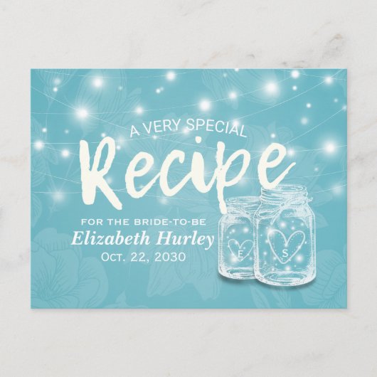 Invitation Carte Postale Mason Jar String Lumière Fête des mariées Florale (Devant)