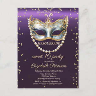 Invitation Carte Postale Masqu Perles Diamants Violet Douce 16