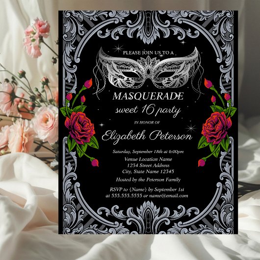 Invitation Carte Postale Masque d'argent Roses rouges Gothique Sweet 16