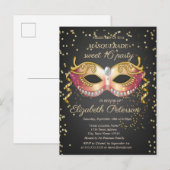 Invitation Carte Postale Masque, Diamants Or Masquerade Sweet 16 (Devant / Derrière)