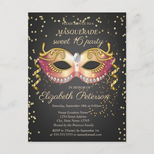 Invitation Carte Postale Masque, Diamants Or Masquerade Sweet 16 (Devant)