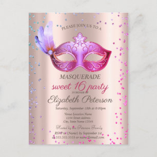Invitation Carte Postale Masque Moderne Diamants Or Rose Sweet 16