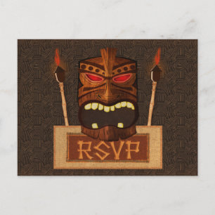Invitation Carte Postale Masque Tiki en Bois Mariage Vintage Rétro RSVP