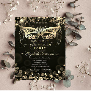 Invitation Carte Postale Masquerade Bokeh Dark Quinceañera
