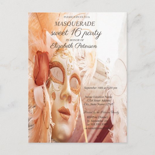 Invitation Carte Postale Masquerade Chic Masque Sweet 16 I (Devant)