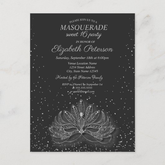 Invitation Carte Postale Masquerade, Confetti Masque Grey Sweet 16 (Devant)