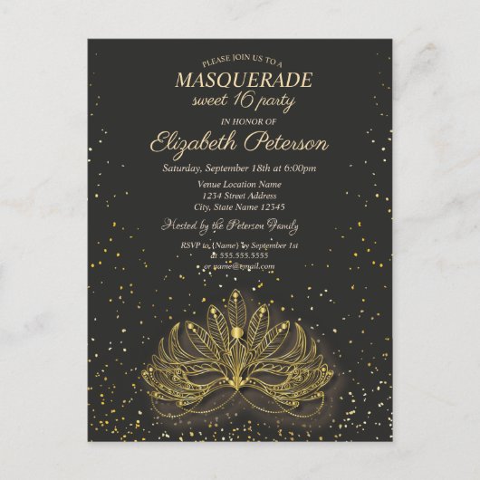 Invitation Carte Postale Masquerade, Confetti Masque Sweet 16 (Devant)
