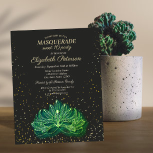 Invitation Carte Postale Masquerade, Confetti Masque Vert Sweet 16