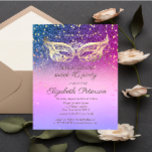 Invitation Carte Postale Masquerade Diamants Parties scintillant Colorful S<br><div class="desc">Diamants or et masque sur un arrière - plan à l'ombre.</div>