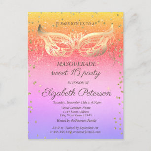 Invitation Carte Postale Masquerade Diamonds Parties scintillant Ombre Swee