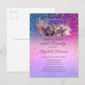 Invitation Carte Postale Masquerade  Diamonds Purple Glitter Sweet 16  (Devant / Derrière)