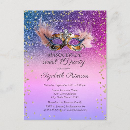 Invitation Carte Postale Masquerade  Diamonds Purple Glitter Sweet 16  (Devant)