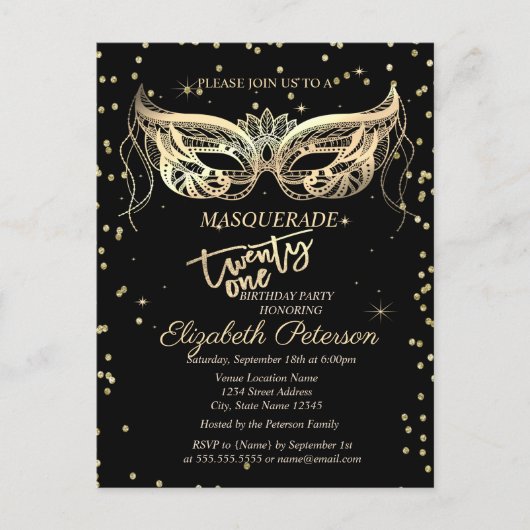Invitation Carte Postale Masquerade Gold Diamonds 21e fête d'anniversaire (Devant)