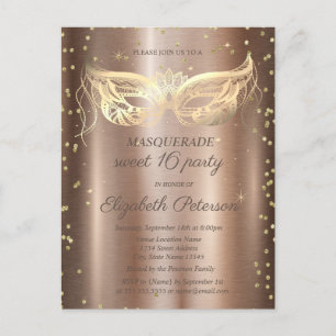 Invitation Carte Postale Masquerade Gold Diamonds Copper Sweet 16