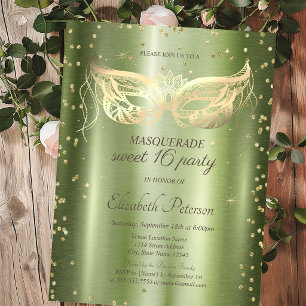 Invitation Carte Postale Masquerade Gold Diamonds Green Metallic Sweet 16