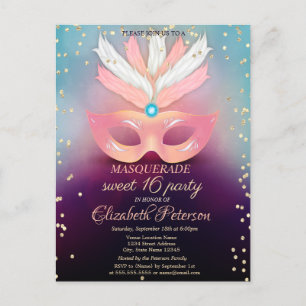 Invitation Carte Postale Masquerade Gold Diamonds, Masque Rose Sweet 16