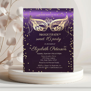 Invitation Carte Postale Masquerade Gold Diamonds Purple Sweet 16