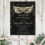 Invitation Carte Postale Masquerade Gold Diamonds Sweet 16<br><div class="desc">Diamants or et masque sur arrière - plan noir.</div>