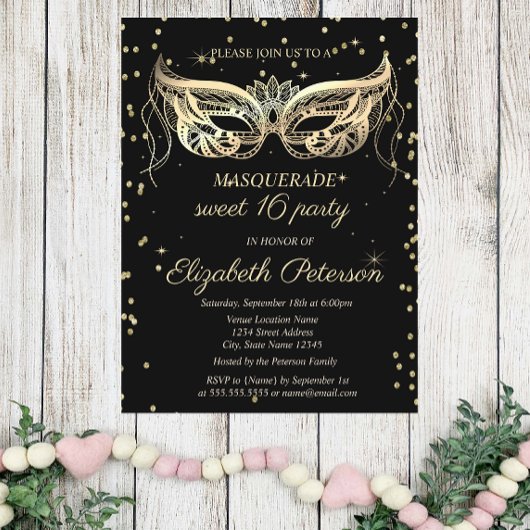Invitation Carte Postale Masquerade Gold Diamonds Sweet 16