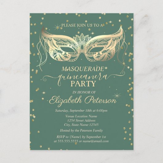 Invitation Carte Postale Masquerade Gold Diamonds Vert Quinceañera (Devant)