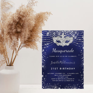Invitation Carte Postale Masquerade marine bleu argent fête d'anniversaire