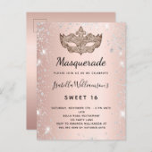 Invitation Carte Postale Masquerade rose or argent parties scintillant pous (Devant / Derrière)