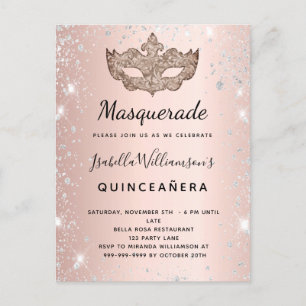Invitation Carte Postale Masquerade rose or argent parties scintillant Quin