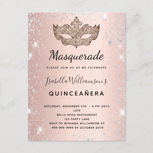 Invitation Carte Postale Masquerade rose or argent parties scintillant Quin (Devant)