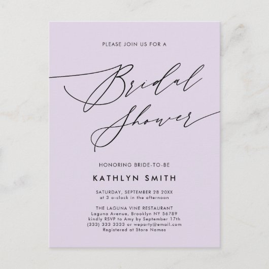 Invitation Carte Postale Mauve Purple Script moderne Fête des mariées simpl (Devant)
