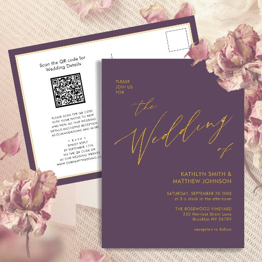 Invitation Carte Postale Mauve QR Code Tout en un Gold Script Mariage chic