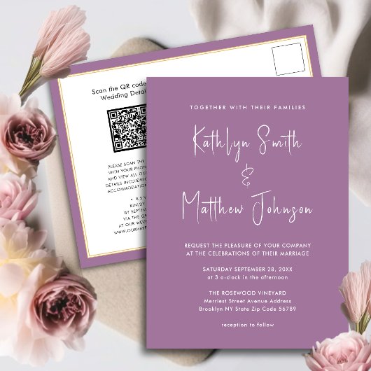 Invitation Carte Postale Mauve QR Code Tout en un Mariage de script moderne