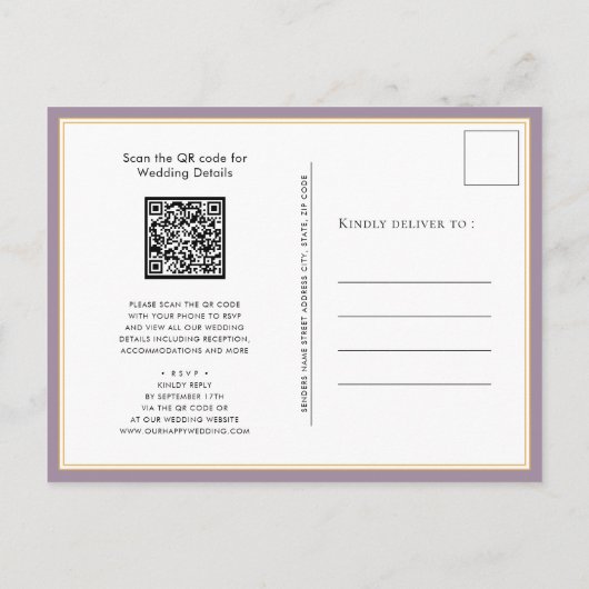 Invitation Carte Postale Mauve violet QR Code Tout en un Mariage moderne (Dos)