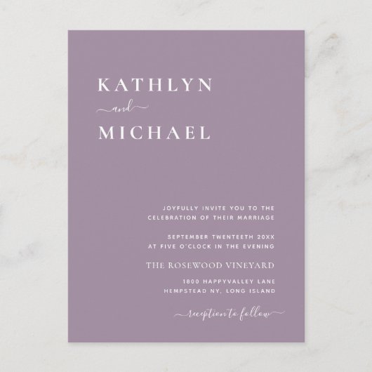 Invitation Carte Postale Mauve violet QR Code Tout en un Mariage moderne (Devant)