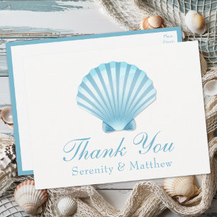 Invitation Carte Postale Merci de Mariage nautique Bleu Beach Shell