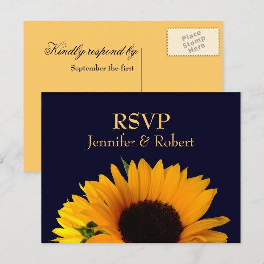 Invitation Carte Postale Merveilleux Sunflower Marine Blue Wedding RSVP (Devant / Derrière)