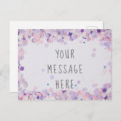 Invitation Carte Postale Message blanc Confetti du Parti de la lavande rose (Devant / Derrière)